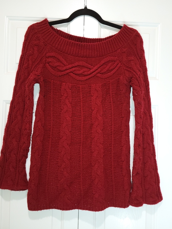 ALLOY Sweaters - ALLOY Off-the-Shoulder/Boatneck Cable Knit Sweater in Red